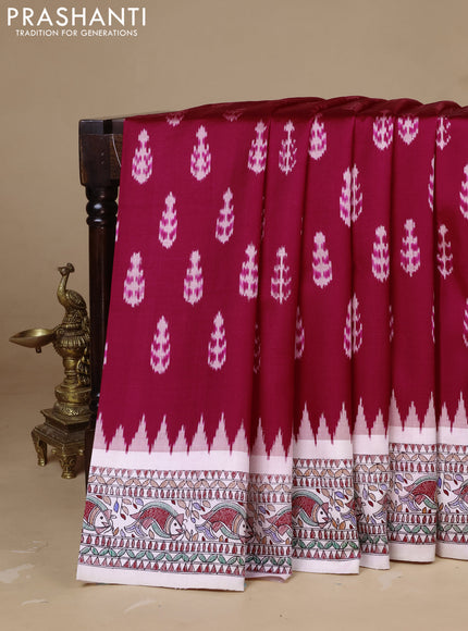 Pochampally silk saree dark pink and cream with allover ikat woven buttas and madhubani prints
