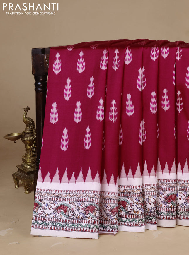 Pochampally silk saree dark pink and cream with allover ikat woven buttas and madhubani prints