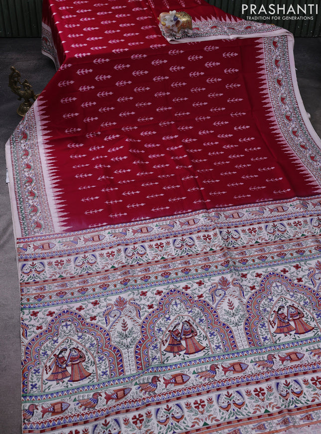 Pochampally silk saree dark pink and cream with allover ikat woven buttas and madhubani prints
