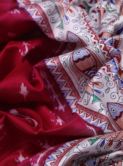 Pochampally silk saree dark pink and cream with allover ikat woven buttas and madhubani prints