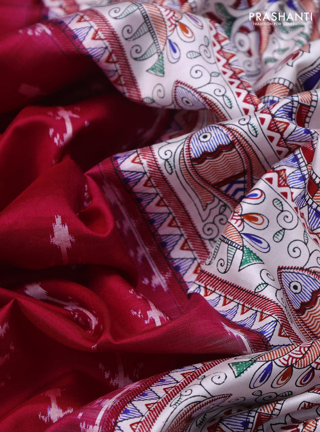 Pochampally silk saree dark pink and cream with allover ikat woven buttas and madhubani prints