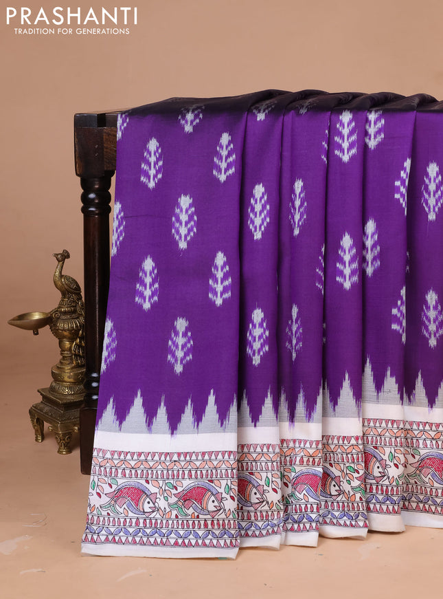 Pochampally silk saree deep violet and cream with allover ikat woven buttas and madhubani prints