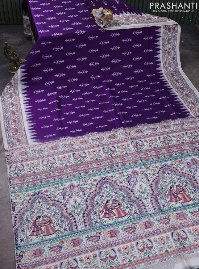 Pochampally silk saree deep violet and cream with allover ikat woven buttas and madhubani prints