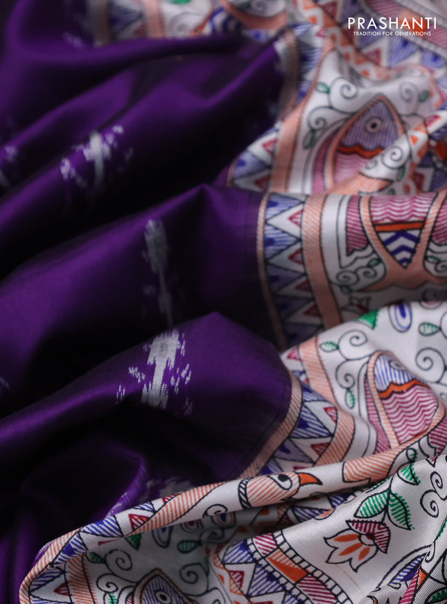 Pochampally silk saree deep violet and cream with allover ikat woven buttas and madhubani prints