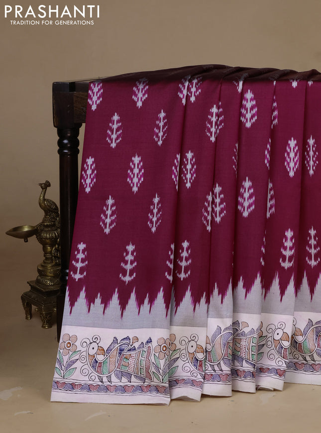 Pochampally silk saree dark magenta pink and cream with allover ikat woven buttas and madhubani prints