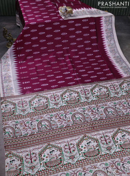 Pochampally silk saree dark magenta pink and cream with allover ikat woven buttas and madhubani prints