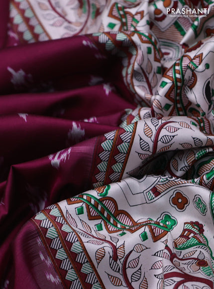 Pochampally silk saree dark magenta pink and cream with allover ikat woven buttas and madhubani prints