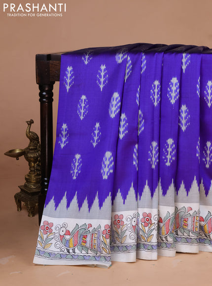 Pochampally silk saree royal blue and off white with allover ikat woven buttas and madhubani prints