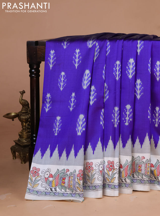 Pochampally silk saree royal blue and off white with allover ikat woven buttas and madhubani prints