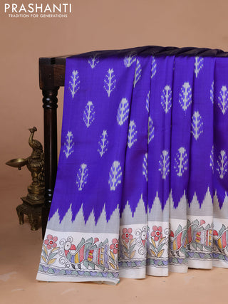 Pochampally silk saree royal blue and off white with allover ikat woven buttas and madhubani prints