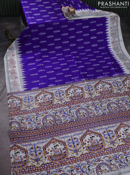 Pochampally silk saree royal blue and off white with allover ikat woven buttas and madhubani prints
