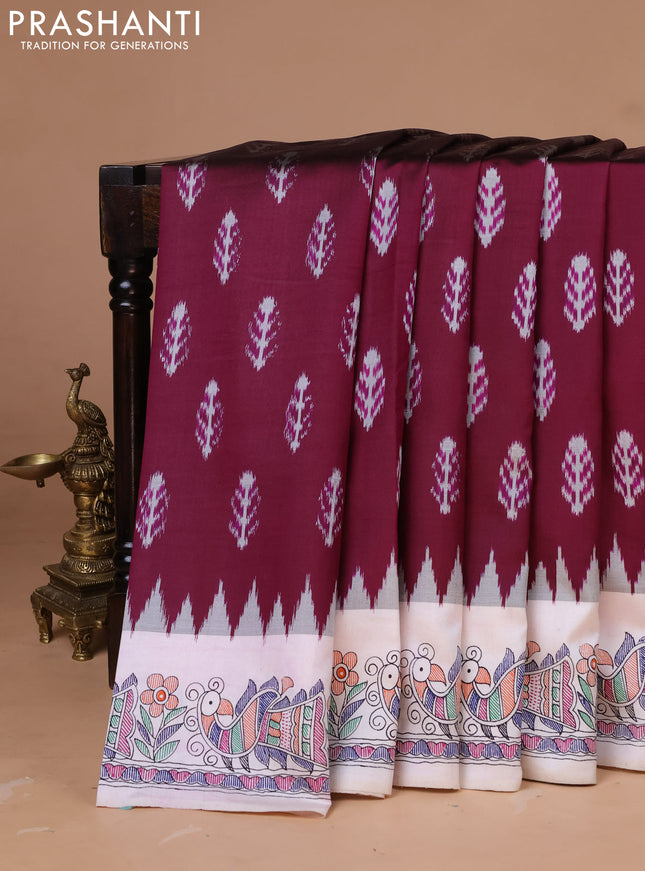 Pochampally silk saree deep purple and cream with allover ikat woven buttas and madhubani prints