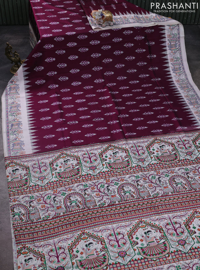 Pochampally silk saree deep purple and cream with allover ikat woven buttas and madhubani prints