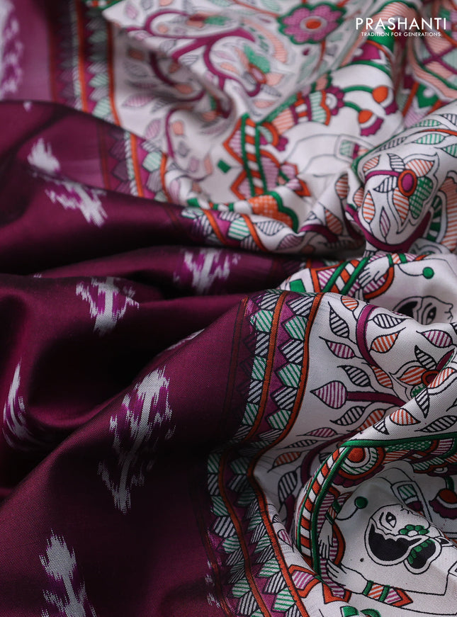Pochampally silk saree deep purple and cream with allover ikat woven buttas and madhubani prints