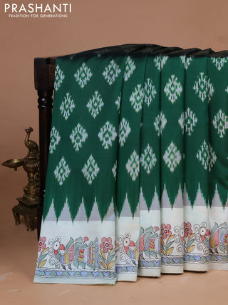 Pochampally silk saree green and off white with allover ikat woven buttas and madhubani prints