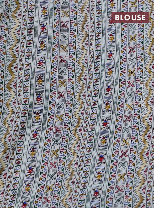 Pochampally silk saree green and off white with allover ikat woven buttas and madhubani prints
