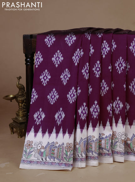 Pochampally silk saree deep purple and cream with allover ikat woven buttas and madhubani prints