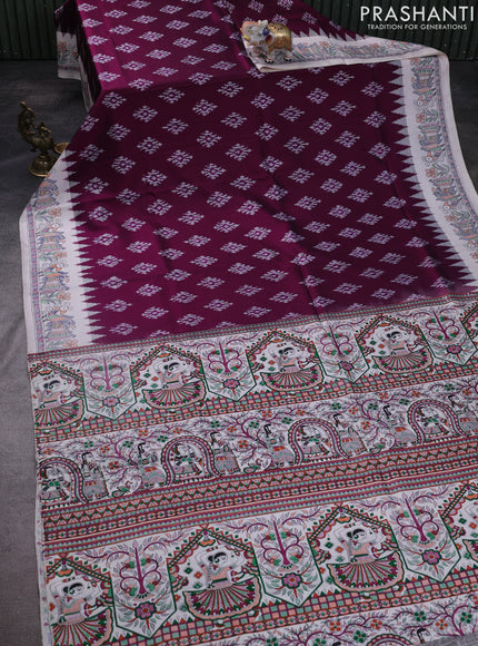 Pochampally silk saree deep purple and cream with allover ikat woven buttas and madhubani prints
