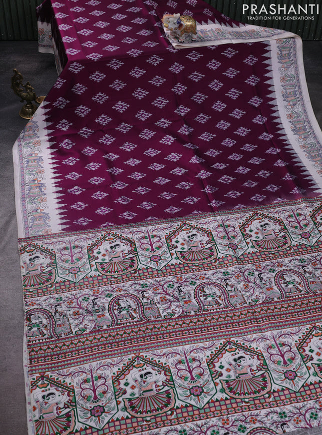 Pochampally silk saree deep purple and cream with allover ikat woven buttas and madhubani prints