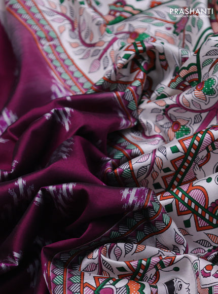 Pochampally silk saree deep purple and cream with allover ikat woven buttas and madhubani prints