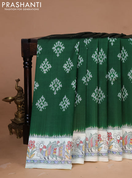 Pochampally silk saree green and off white with allover ikat woven buttas and madhubani prints