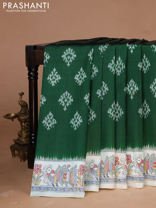 Pochampally silk saree green and off white with allover ikat woven buttas and madhubani prints