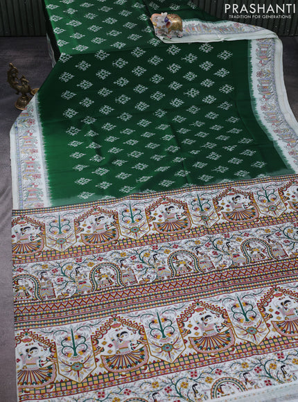 Pochampally silk saree green and off white with allover ikat woven buttas and madhubani prints