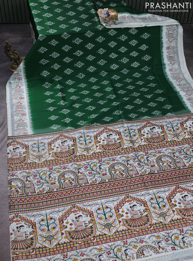 Pochampally silk saree green and off white with allover ikat woven buttas and madhubani prints