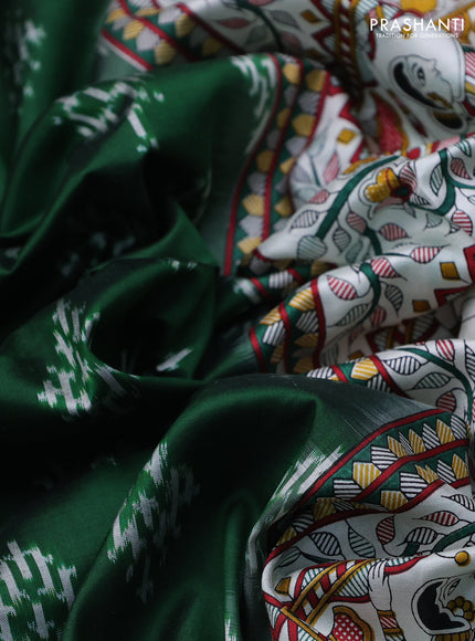 Pochampally silk saree green and off white with allover ikat woven buttas and madhubani prints
