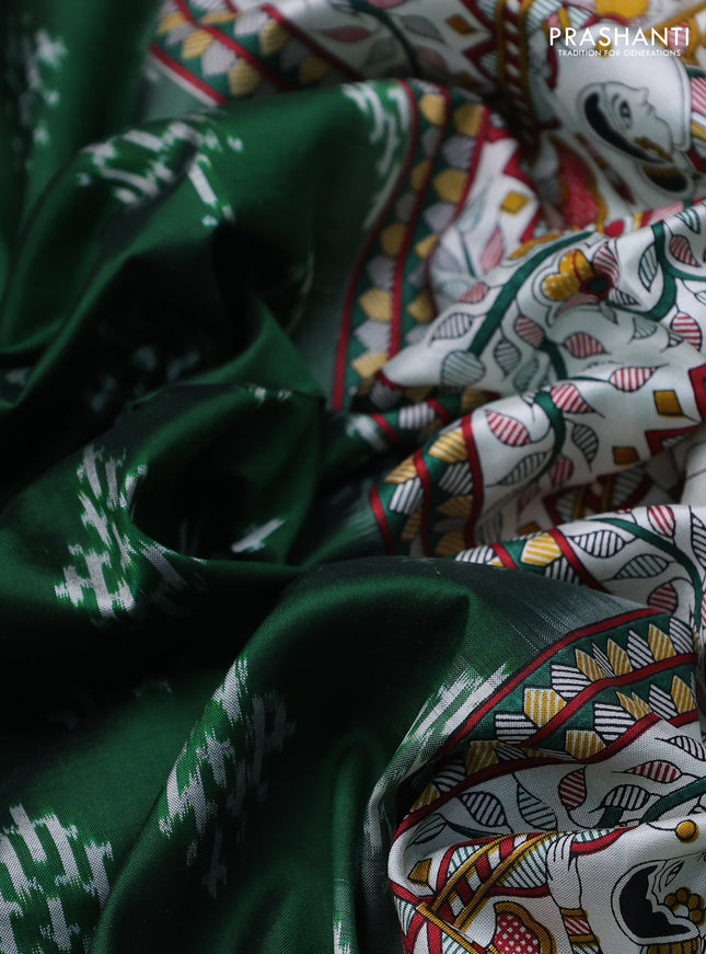 Pochampally silk saree green and off white with allover ikat woven buttas and madhubani prints
