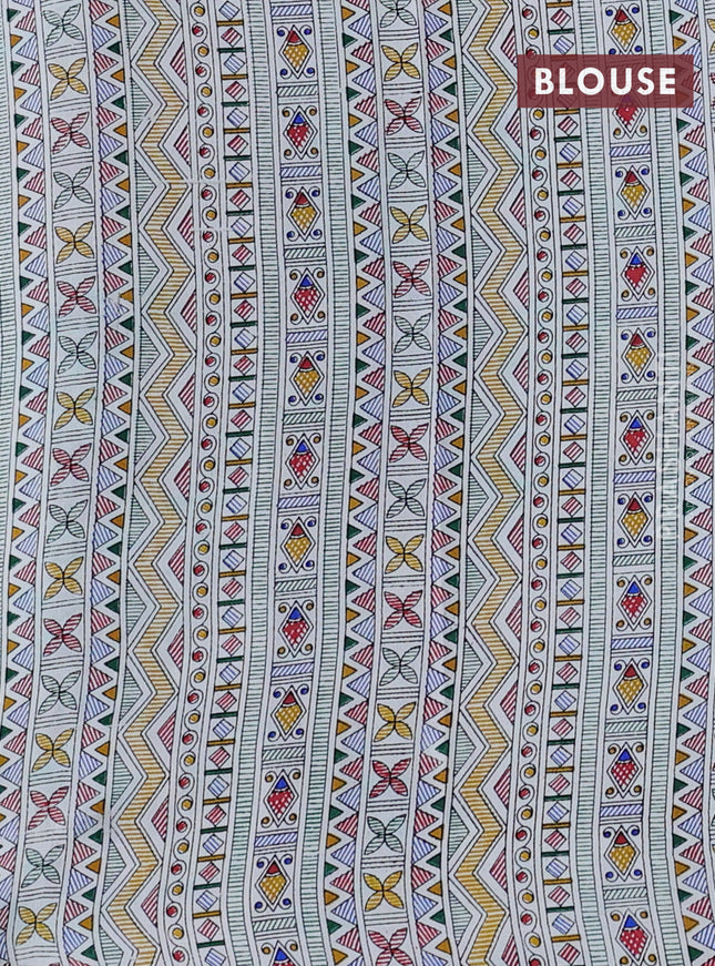 Pochampally silk saree green and off white with allover ikat woven buttas and madhubani prints