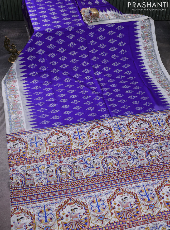 Pochampally silk saree blue and off white with allover ikat woven buttas and madhubani prints