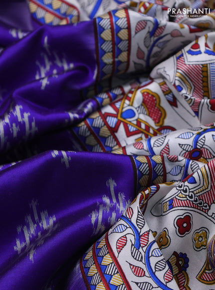 Pochampally silk saree blue and off white with allover ikat woven buttas and madhubani prints