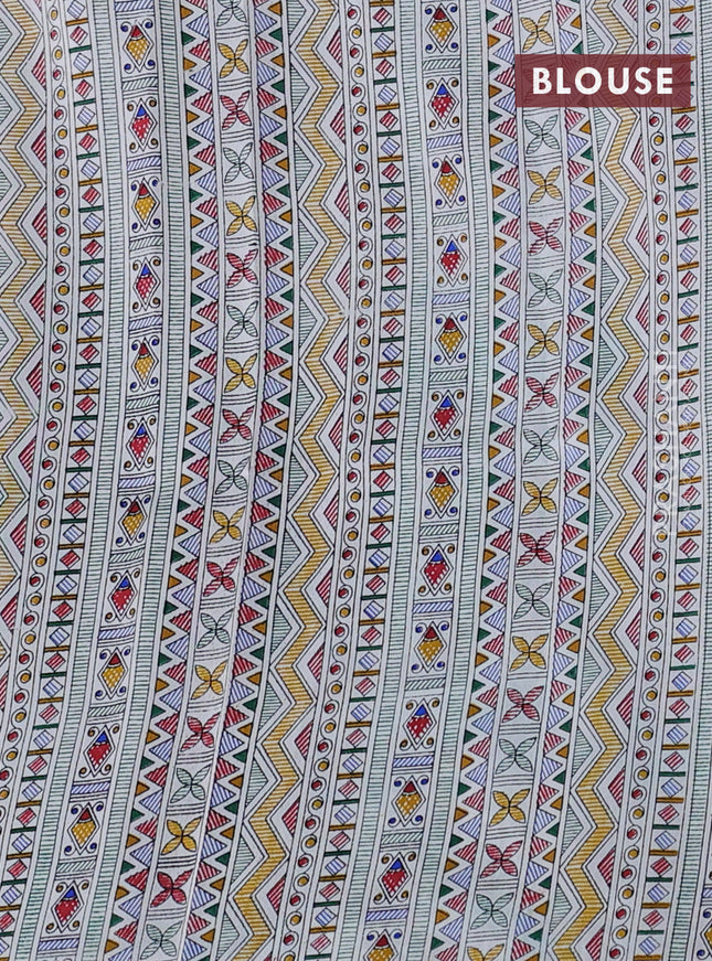 Pochampally silk saree green and off white with allover ikat woven buttas and madhubani prints