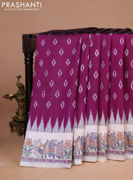 Pochampally silk saree purple and cream with allover ikat woven buttas and madhubani prints
