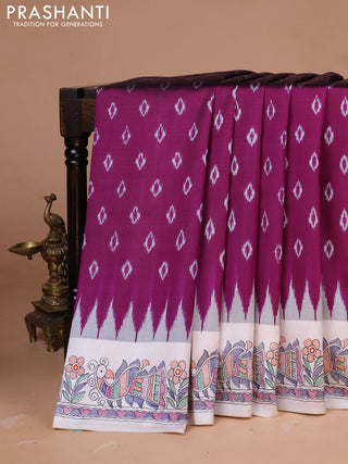 Pochampally silk saree purple and cream with allover ikat woven buttas and madhubani prints
