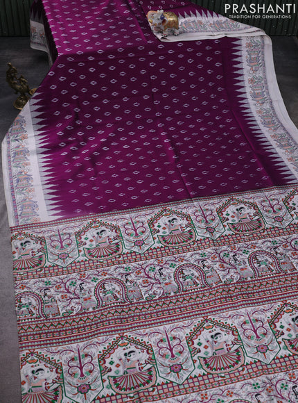 Pochampally silk saree purple and cream with allover ikat woven buttas and madhubani prints