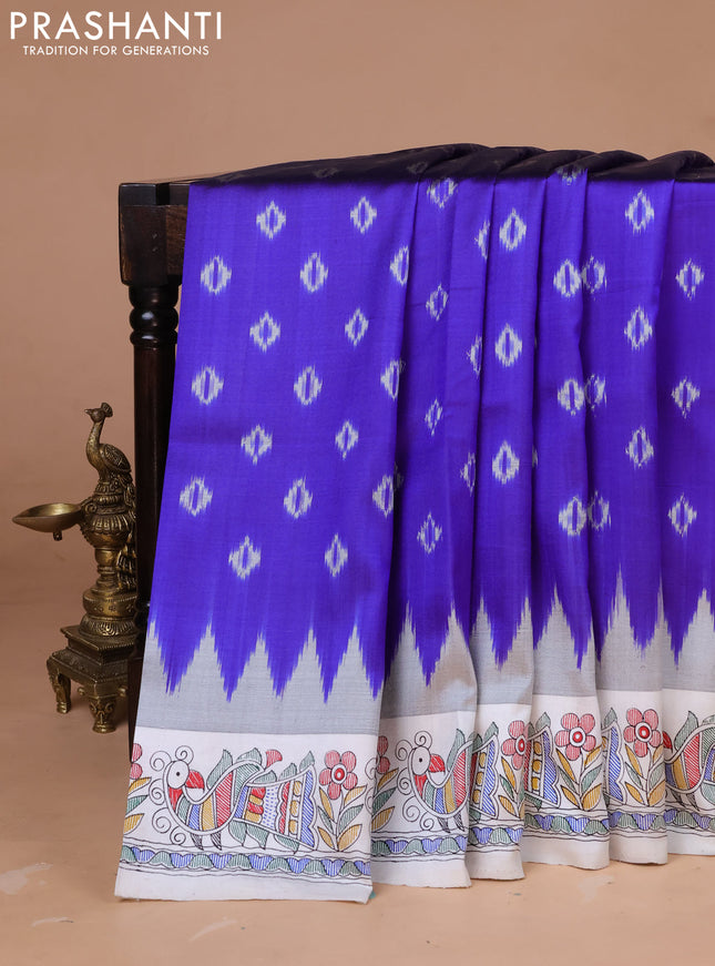 Pochampally silk saree royal blue and cream with allover ikat woven buttas and madhubani prints