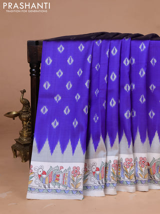Pochampally silk saree royal blue and cream with allover ikat woven buttas and madhubani prints