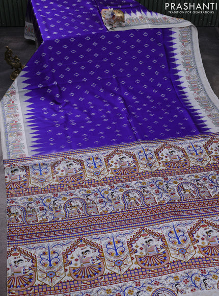 Pochampally silk saree royal blue and cream with allover ikat woven buttas and madhubani prints