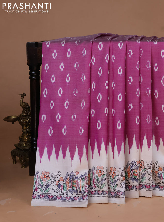 Pochampally silk saree purple and off white with allover ikat woven buttas and madhubani prints