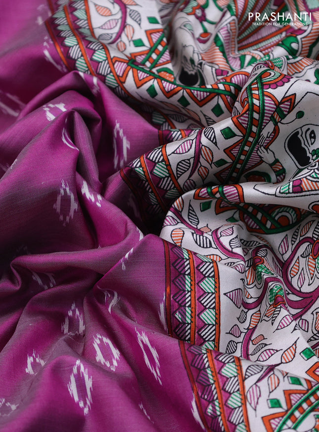 Pochampally silk saree purple and off white with allover ikat woven buttas and madhubani prints
