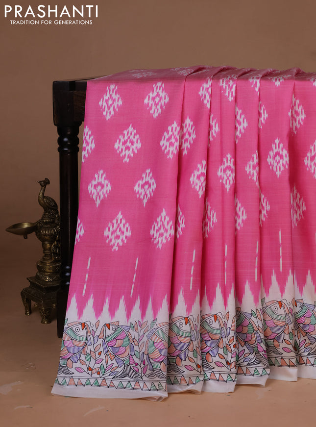Pochampally silk saree pink shade and cream with allover ikat woven buttas and madhubani prints