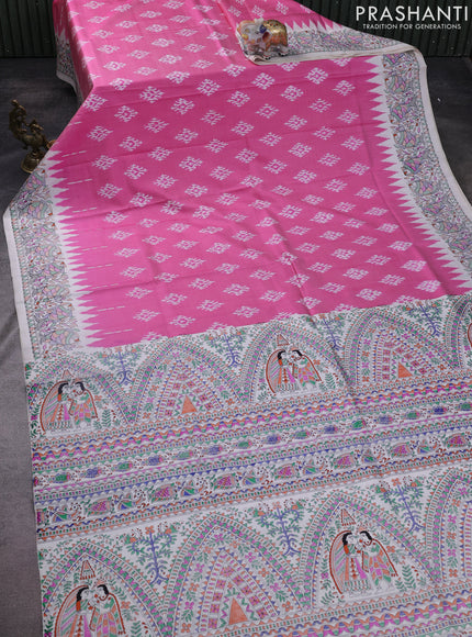 Pochampally silk saree pink shade and cream with allover ikat woven buttas and madhubani prints