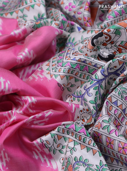 Pochampally silk saree pink shade and cream with allover ikat woven buttas and madhubani prints