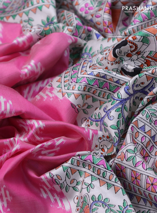 Pochampally silk saree pink shade and cream with allover ikat woven buttas and madhubani prints