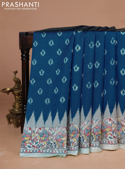 Pochampally silk saree cs blue and cream with allover ikat woven buttas and madhubani prints