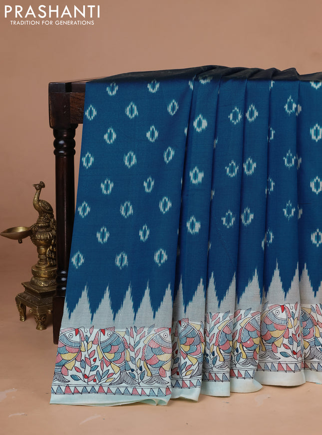Pochampally silk saree cs blue and cream with allover ikat woven buttas and madhubani prints