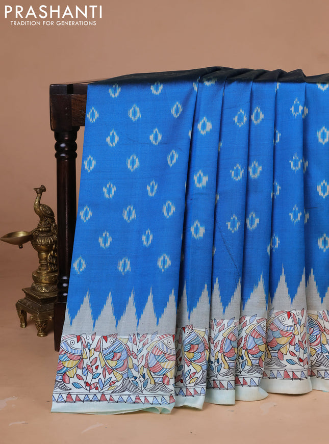 Pochampally silk saree cs blue and cream with allover ikat woven buttas and madhubani prints