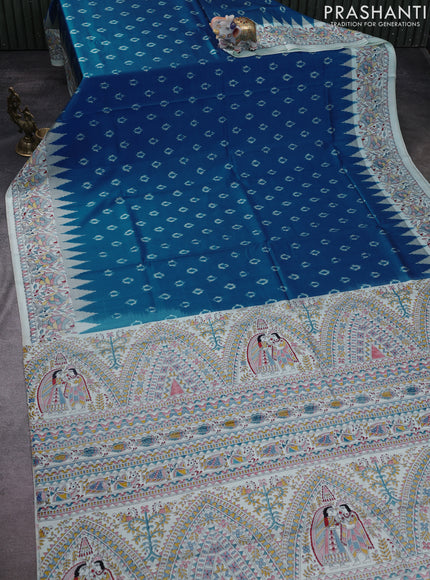 Pochampally silk saree cs blue and cream with allover ikat woven buttas and madhubani prints
